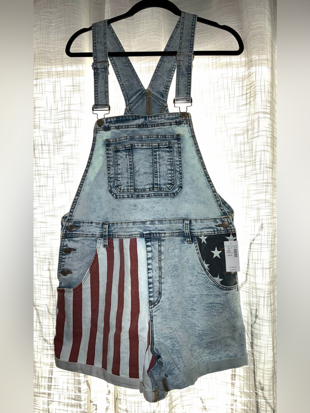 NWT Maurices Acid Wash American Flag Denim Overalls